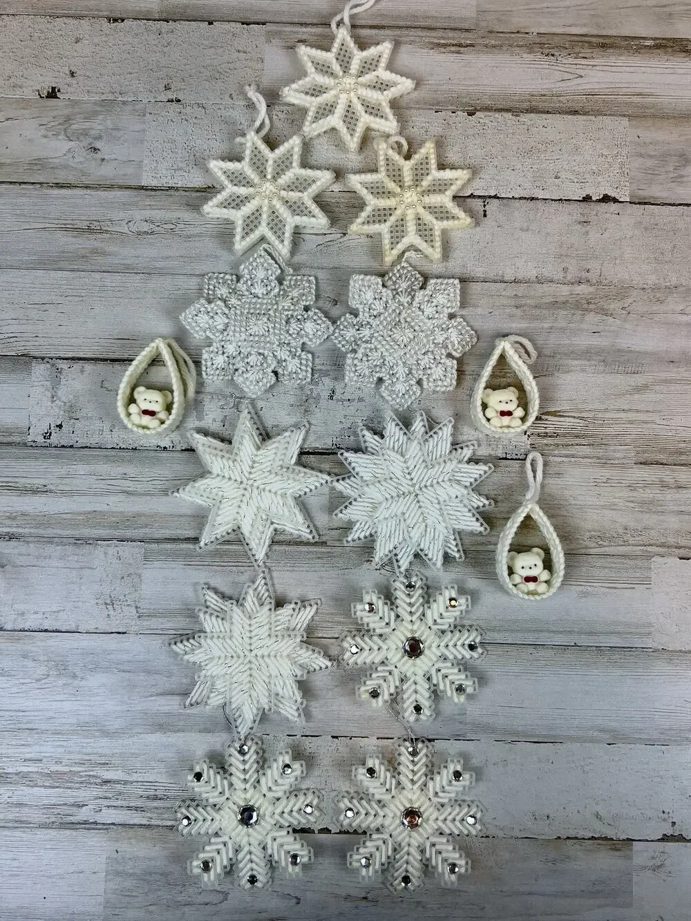 Vtg Handmade Christmas Ornaments Lot 14 Plastic Canvas Snowflakes Stars Bears
